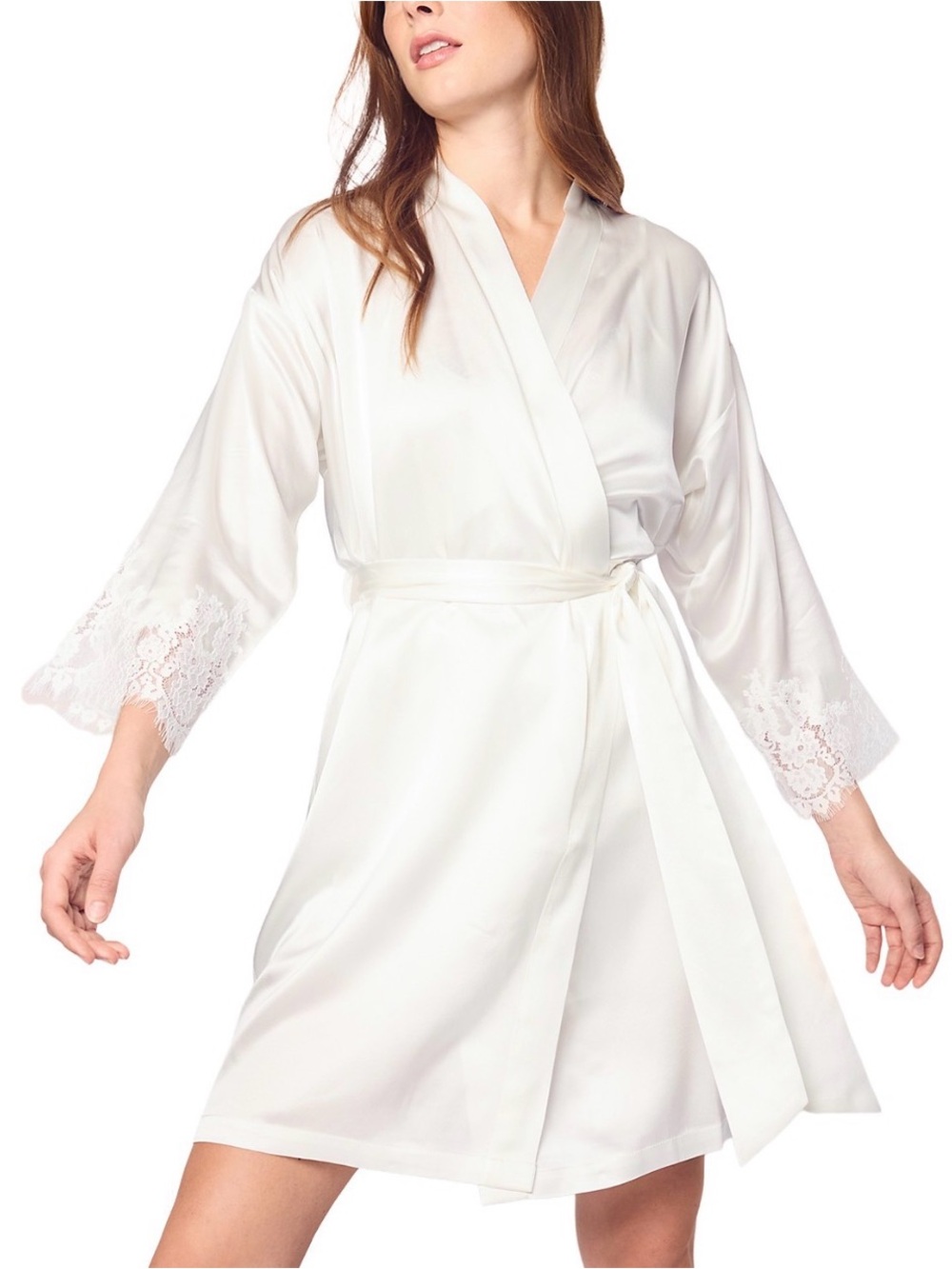 Lace-Trim Satin Kimono Robe in White - Elegant Wrap